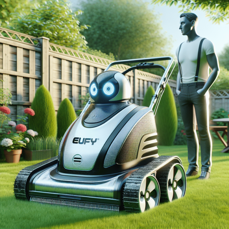 Robô cortador de grama Eufy E15 em ação em um jardim, mostrando sua facilidade de uso.