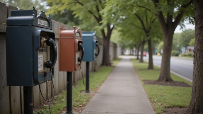 Telefone público antigo em Tunbridge, Vermont, restaurado por Patrick Schlott para uso gratuito pela comunidade.